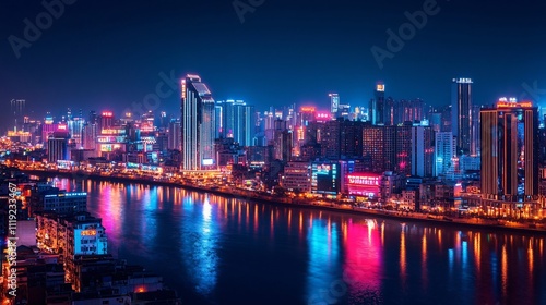 Vibrant cityscape at night, reflected in a calm river.