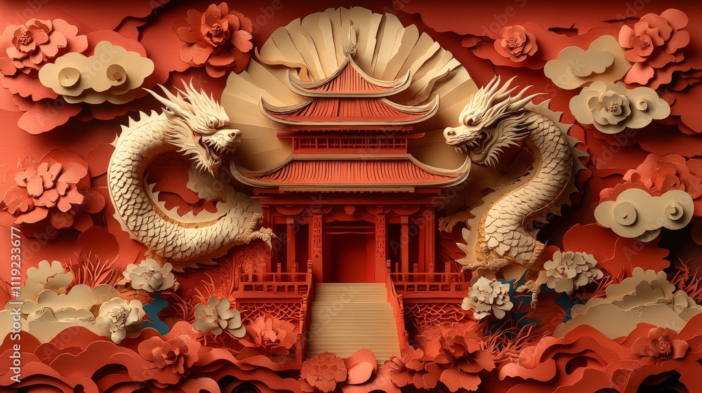 Fototapeta premium abstract background made from paper cut. paper layer shape are Chinese dragon, Chinese temple in Chinese new year concept high detail.