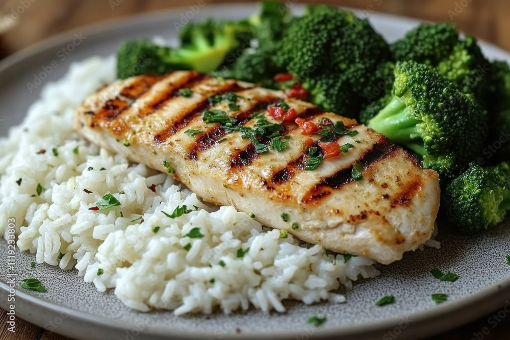 Grilled chicken breast with rice and broccoli. (1) Grilled chicken breast with rice and broccoli. (1)