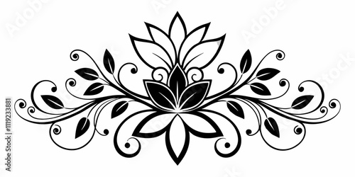 abstract floral design, black and white, symmetrical pattern, stylized flowers, elegant swirls, graphic elements, artistic motif, minimalist décor, botanical theme, modern illustration