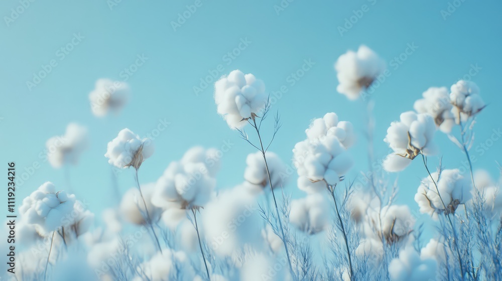 Cotton Dreams: A field of fluffy white cotton blossoms reaches for the sky, their delicate texture and pristine white against a vibrant blue backdrop creating a captivating vision of natural beauty. Cotton Dreams: A field of fluffy white cotton blossoms reaches for the sky, their delicate texture and pristine white against a vibrant blue backdrop creating a captivating vision of natural beauty.