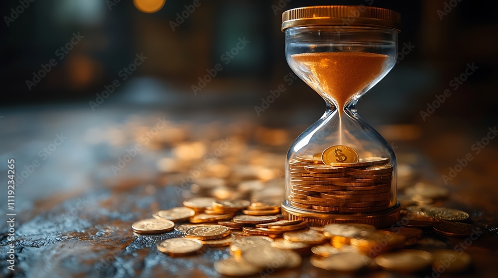 Conceptual clock with a coin-filled hourglass shape indicating saving over time Conceptual clock with a coin-filled hourglass shape indicating saving over time