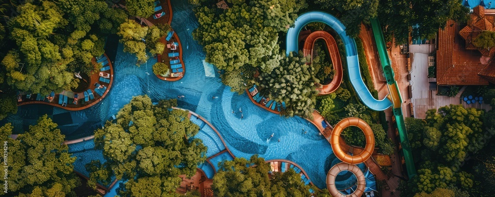 Fototapeta premium Colorful water slides intertwining over a clear pool.