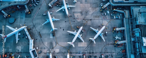 Aerial view of airplanes parked at airport terminal gate.