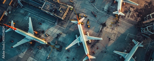 Aerial view of airplanes parked at airport terminal gate.