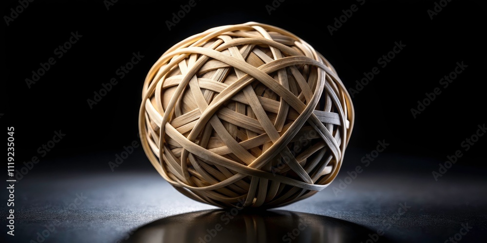 Rubber Band Ball, Black Background, Macro Photography, Abstract Sphere, Gummy Texture, Closeup Shot, Rubber Band Art, Elastic Band Orb Rubber Band Ball, Black Background, Macro Photography, Abstract Sphere, Gummy Texture, Closeup Shot, Rubber Band Art, Elastic Band Orb