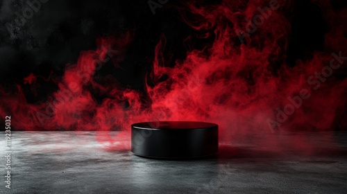 Dark and dramatic image of black hockey puck on red and black background with billowing red smoke creating mysterious ambiance.
