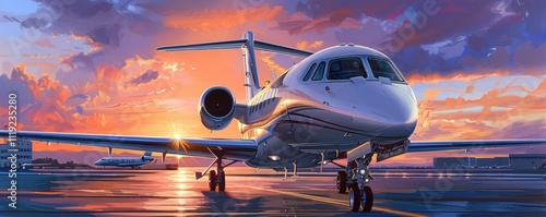 Scenic sunset view of an airplane on an airport runway.