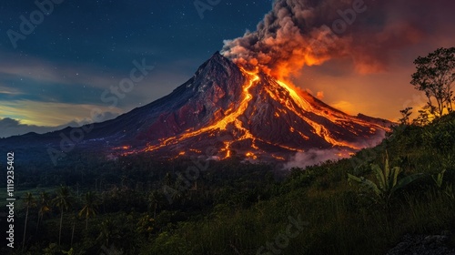 Volcanic Eruption Under a Starry Night