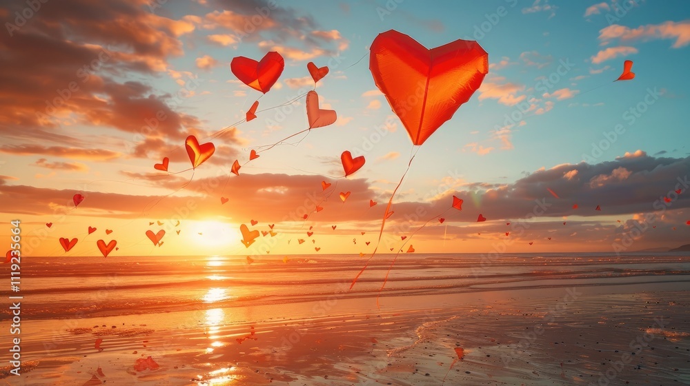 Fototapeta premium a stunning scene of heart-shaped kites flying on a beach, with a joyful outdoor background