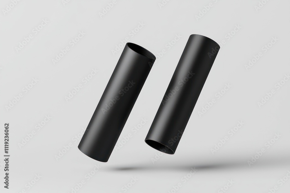 Floating matte black paper tubes in a minimalist layout on soft grey background with shadows. Floating matte black paper tubes in a minimalist layout on soft grey background with shadows.