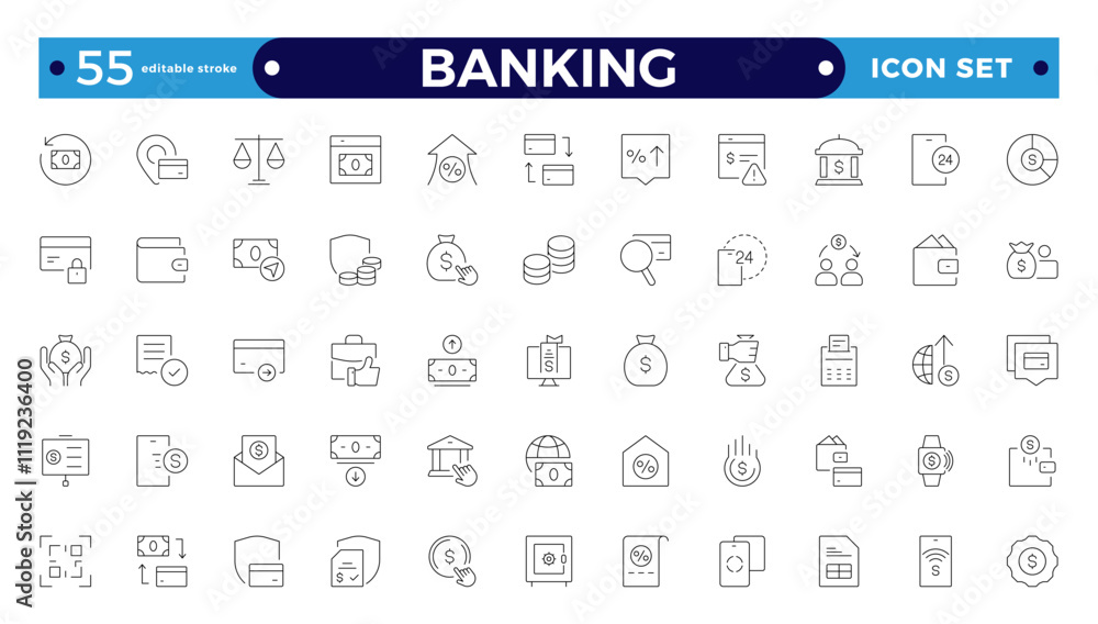 Banking icon set with money, bank, check, law, auction, exchange, payment, wallet, deposit, piggy, calculator, web icon. Containing policy, needs, community. Editable stroke outline icon. Banking icon set with money, bank, check, law, auction, exchange, payment, wallet, deposit, piggy, calculator, web icon. Containing policy, needs, community. Editable stroke outline icon.