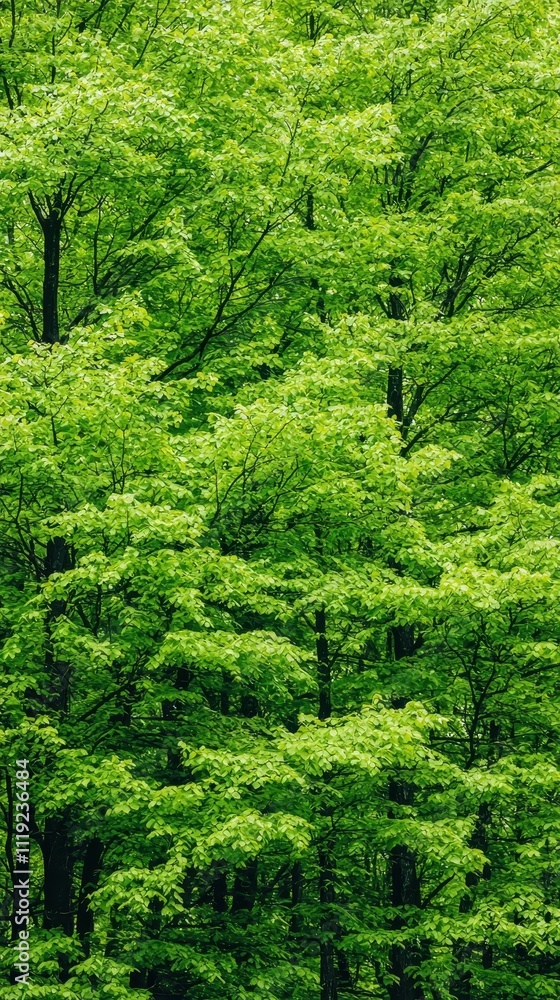 A lush green forest with trees of various sizes