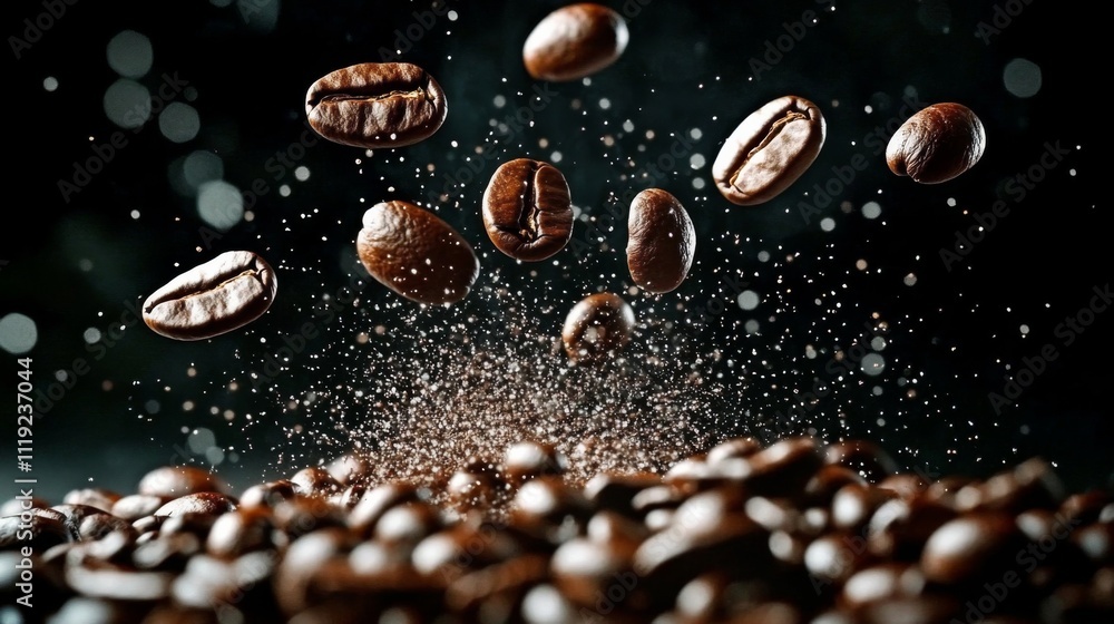 Coffee beans in motion against dark background with white bokeh effect, conveying a mysterious atmosphere.