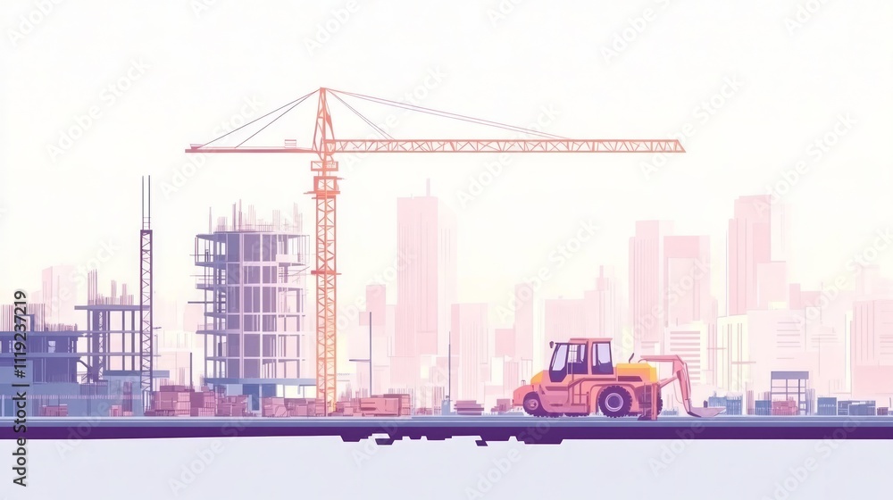 Obraz premium Cityscape construction site with crane, forklift, and buildings under construction.