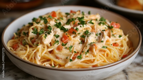 Creamy Chicken Pasta with Fresh Herbs and Vegetables in Bowl