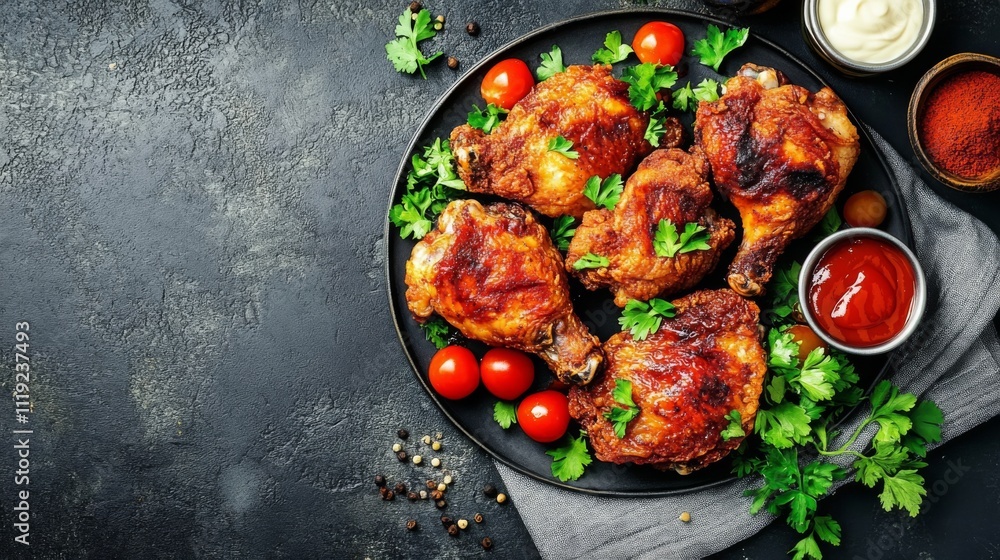 Golden brown fried chicken on grey background with garnishes and condiments, rustic and appetizing food photography. Golden brown fried chicken on grey background with garnishes and condiments, rustic and appetizing food photography.
