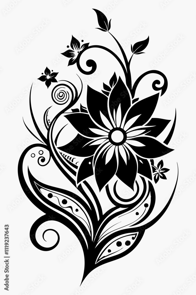 abstract floral design, black and white, symmetrical pattern, stylized flowers, elegant swirls, graphic elements, artistic motif, minimalist décor, botanical theme, modern illustration abstract floral design, black and white, symmetrical pattern, stylized flowers, elegant swirls, graphic elements, artistic motif, minimalist décor, botanical theme, modern illustration