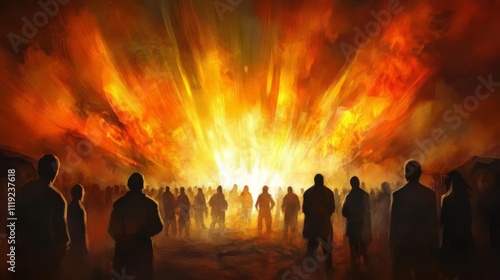 Intense Silhouettes: People Group Facing Bright Orange Fire with Chaotic Flames and Smoke