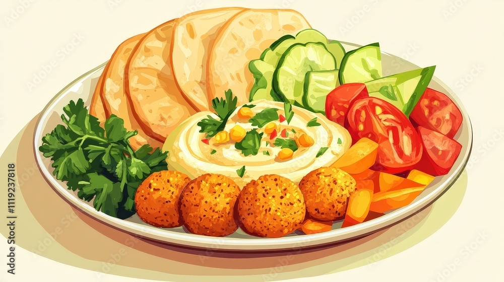Plate of crispy falafel served with hummus, pita bread, and fresh vegetables Plate of crispy falafel served with hummus, pita bread, and fresh vegetables