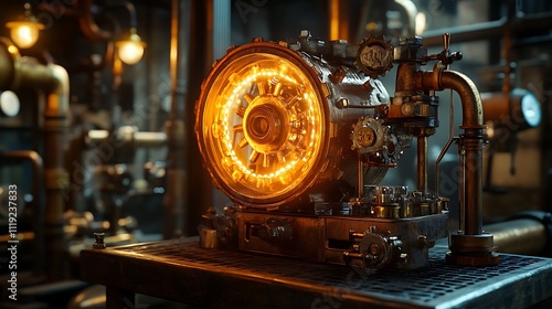 A steampunk gear lamp with glowing tubes and spinning brass mechanisms, resting on a metal shelf in a dimly lit industrial studio, surrounded by pipes and valves, cinematic ambiance, hd clarity.