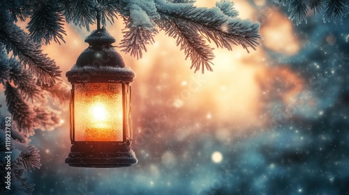 A glowing lantern hangs from a snow-covered branch, illuminating a winter landscape.