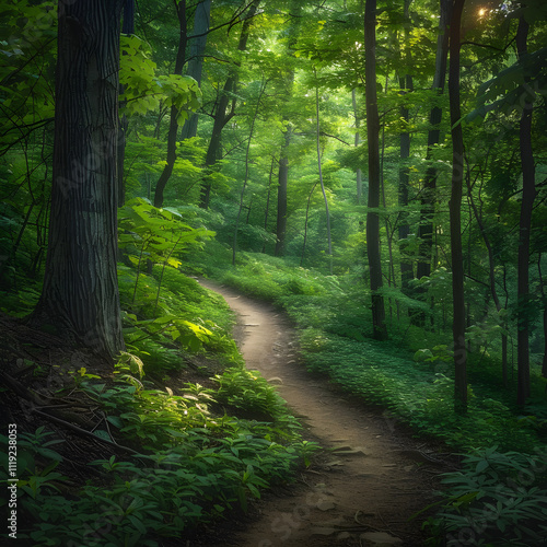 Tranquil Hiking Trail Winding through Lush Woodland under a Sunlit Canopy - Perfect Escape into Nature