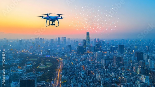 Drone flying over city at sunset, transmitting data.