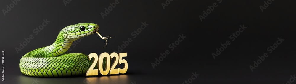 A vibrant green snake is coiled next to the year 2025, set against a sleek black background, symbolizing transformation and renewal. A vibrant green snake is coiled next to the year 2025, set against a sleek black background, symbolizing transformation and renewal.