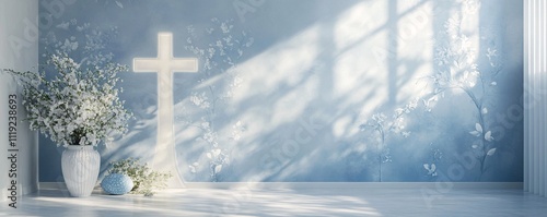 Delicate Easter (Pascha) wallpaper with soft blue and white tones, subtle floral motifs, and a glowing cross symbol for a serene and elegant look