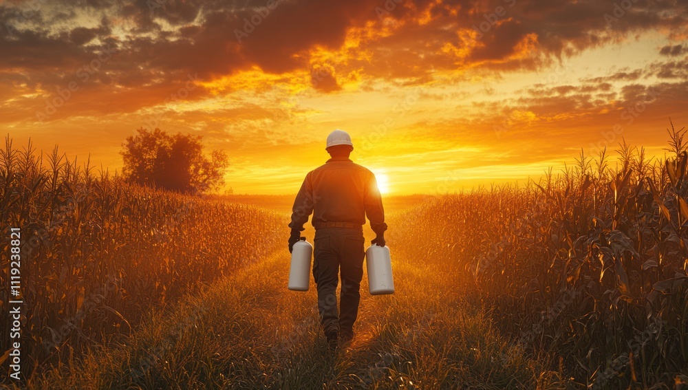 Man Walking Towards Sunset in a Cornfield Man Walking Towards Sunset in a Cornfield