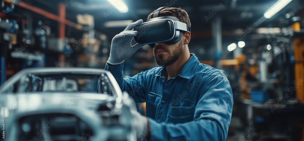 Technician uses VR headset to inspect car. Technician uses VR headset to inspect car.