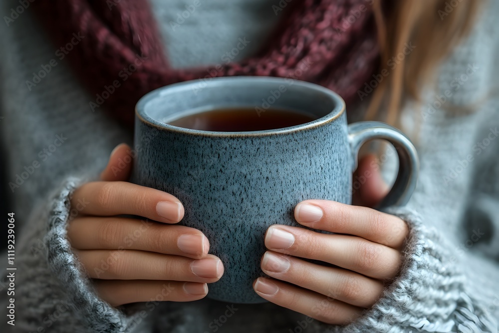 Person in Scarf Holding a Warm Cup of Tea in Clean Cozy Setting Person in Scarf Holding a Warm Cup of Tea in Clean Cozy Setting
