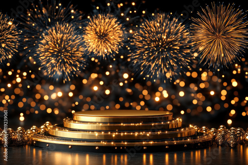 Gold podium with fireworks and bokeh lights.