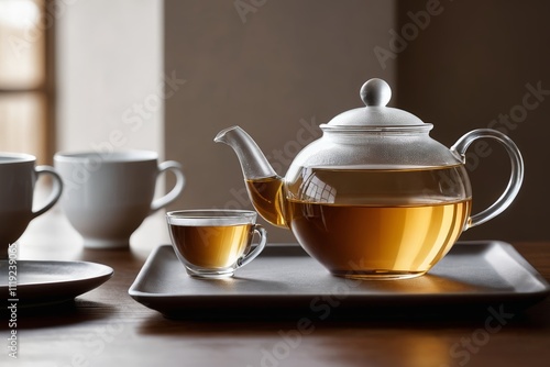 there is a tea pot and two cups on a tray