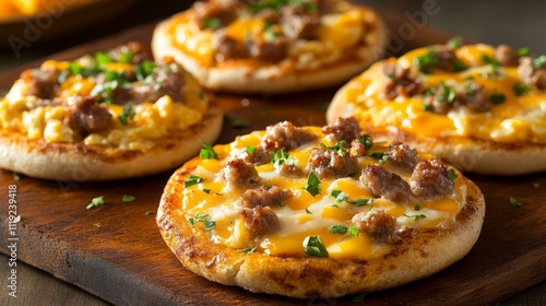 Savory Breakfast Pizza with Sausage and Cheese on a Rustic Wooden Board