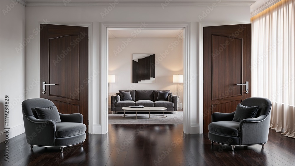 Fototapeta premium Modern living room interior with door and armchairs 3d rendering