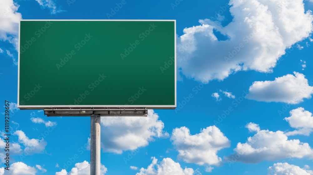 A large green billboard is on a pole in front of a blue sky with clouds A large green billboard is on a pole in front of a blue sky with clouds