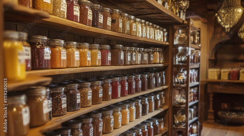 A Rustic Store with Shelves Filled with Jars of Spices A Rustic Store with Shelves Filled with Jars of Spices