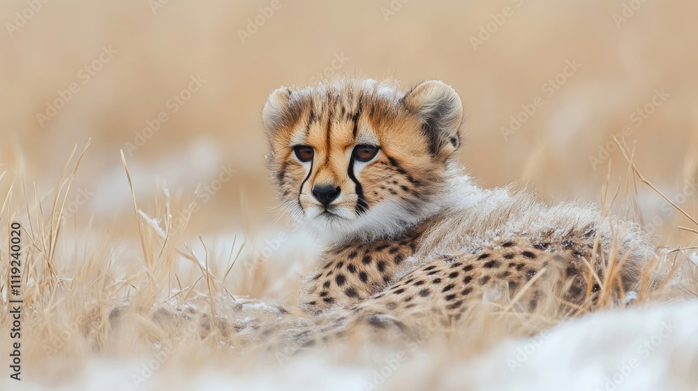 Young cheetah cub rests in long dry grass, creating a serene scene with a touch of snow. The cheetah cub highlights the beauty of natures wilderness, with ample space for text. Young cheetah cub rests in long dry grass, creating a serene scene with a touch of snow. The cheetah cub highlights the beauty of natures wilderness, with ample space for text.