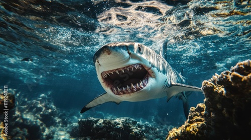 A close-up of a shark swimming underwater, showcasing its open mouth and sharp teeth.