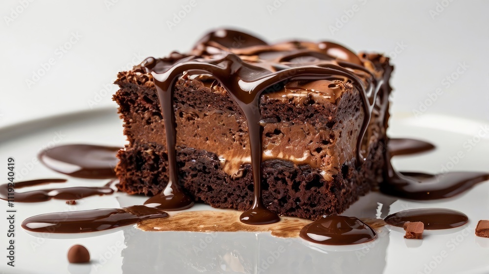 Brownie piece with melted chocolate cream isolated on white background Brownie piece with melted chocolate cream isolated on white background