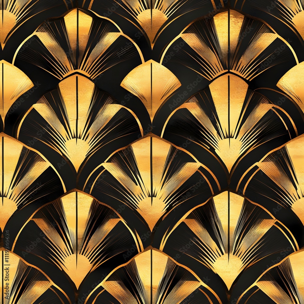 Seamless Art Deco Geometric Pattern: Luxurious Gold and Black Design with Elegant Fan Motifs and Intricate Lines, Perfect for High-End Wallpaper, Textiles, or Event Invitations Seamless Art Deco Geometric Pattern: Luxurious Gold and Black Design with Elegant Fan Motifs and Intricate Lines, Perfect for High-End Wallpaper, Textiles, or Event Invitations