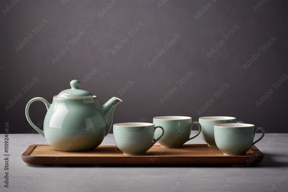 there are four cups and a teapot on a tray there are four cups and a teapot on a tray