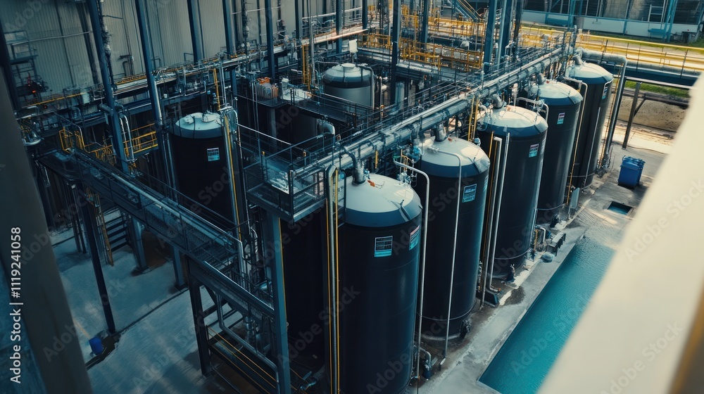 Industrial facility with large storage tanks for liquid substances. Industrial facility with large storage tanks for liquid substances.