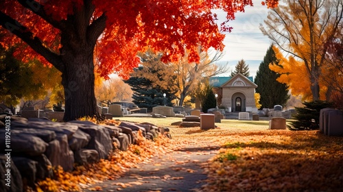 Cemetery in Autumn - A solemn and peaceful view of gravestones and crosses amidst fallen leaves at Boulder, Colorado photo