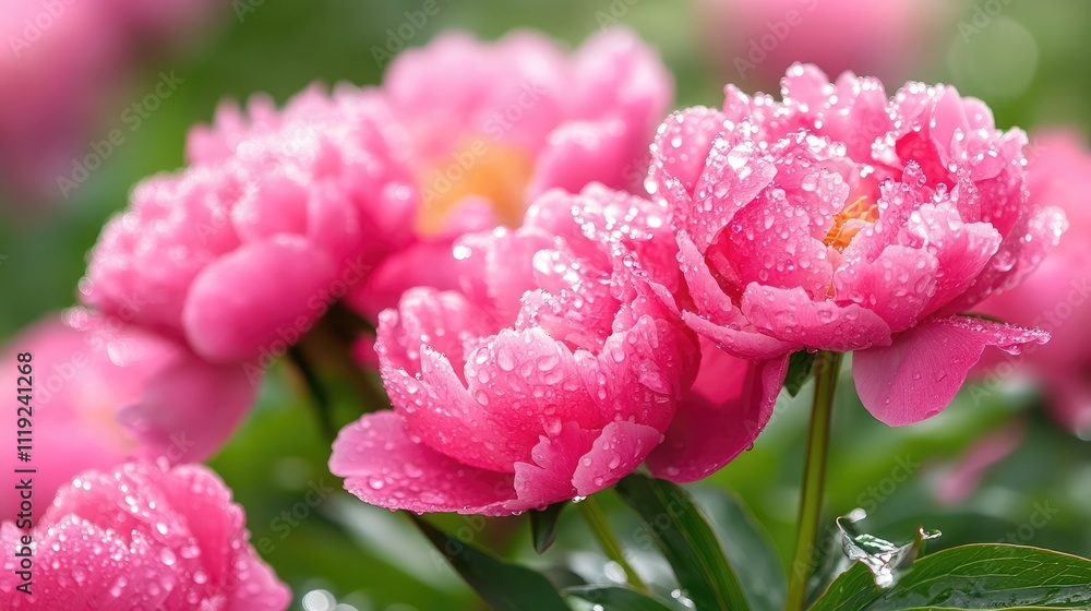 Obraz premium Vibrant pink peony flowers adorned with water droplets create a stunning spring background. The enchanting beauty of pink peony flowers is enhanced by the soft focus and copy space.