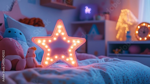 An infinity mirror lamp shaped like a star, glowing with alternating pink and white lights, placed on a kid’s bedside table with colorful decor, warm tones, soft and playful ambiance, hd focus, photo