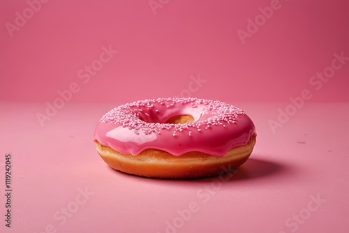 there is a pink donut with sprinkles on a pink surface