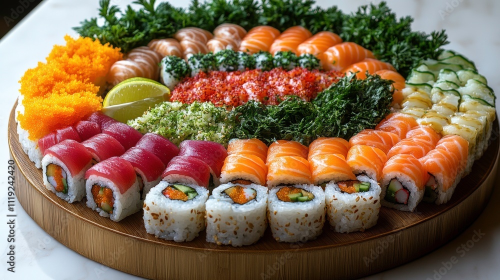 Family-Style Sushi Set with Colorful Rolls, Nigiri, and Maki on a Rustic Bamboo Board for Cozy Group Dining Family-Style Sushi Set with Colorful Rolls, Nigiri, and Maki on a Rustic Bamboo Board for Cozy Group Dining